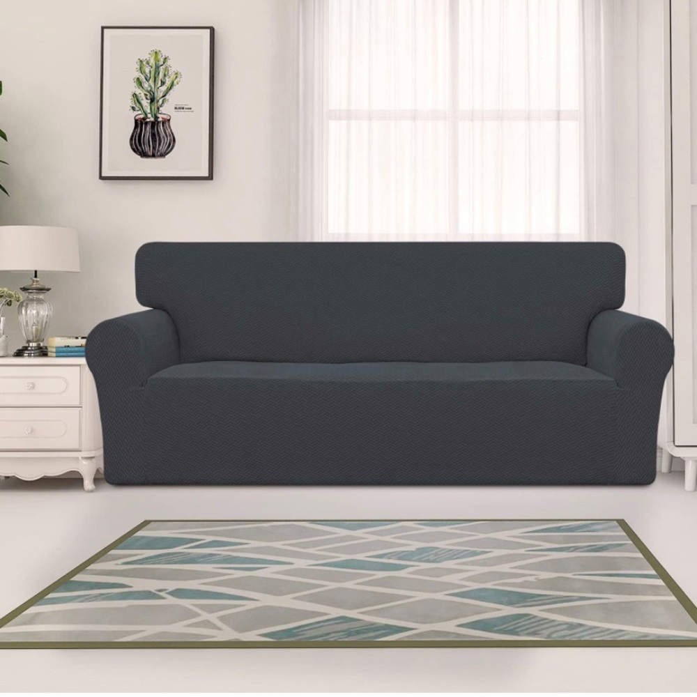 Oversized Sofa Stretch Jacquard Couch Cover Slipcover w Anti-Slip Foam Dark Gray